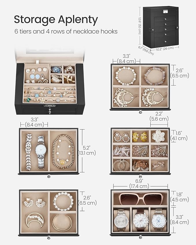 SONGMICS 6 Tier Jewelry Box, Jewelry Storage Organizer with 5 Drawers, Large Storage Capacity, with Mirror, Lockable, Jewelry Case, Gift for Loved Ones, For Watches, Black UJBC152B01
