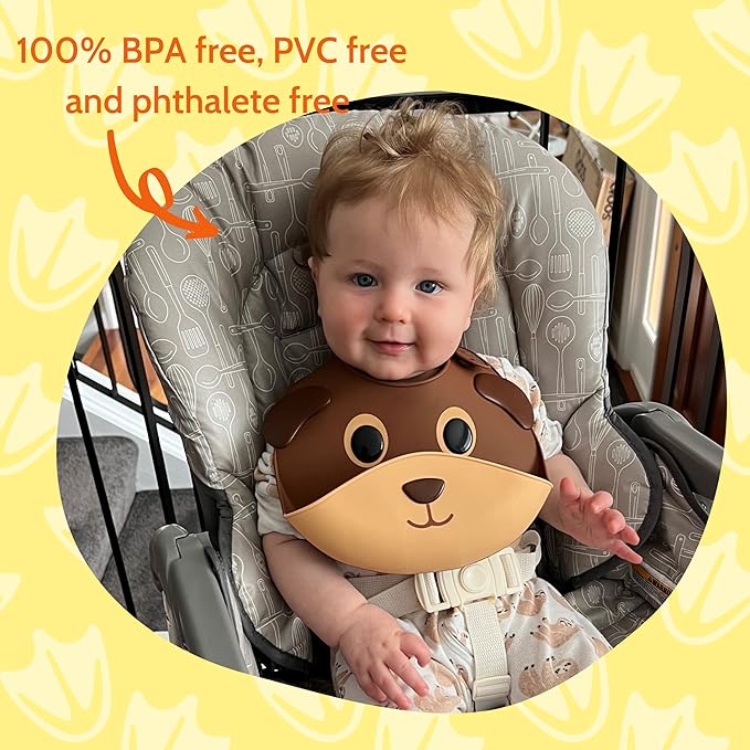 Silly Goose Set of 2 Silicone Animal Baby Bibs for Babies and Toddlers, Waterproof, Adjustable, Soft, Extra Wide Food Catcher Pocket (2PK Panda+Bear)