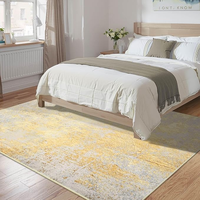 Living Room Rugs 6x9 Gold Washable Area Rug, Abstract Modern Bedroom Rugs Non Slip Stain Resistant Neutral Large Carpet for Nursery, Dining, Kids Playroom, Dining Room, Office