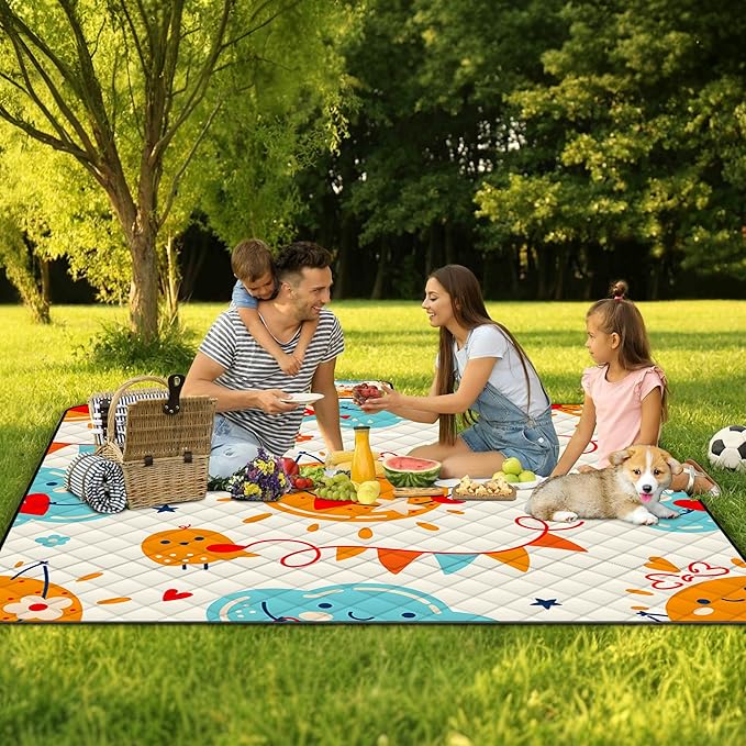 Poedist Extra Large Picnic Blanket Waterproof,80"x 80"Foldable Machine Washable Beach Blanket,Outdoor Blanket for 6-8 Adults,Suitable for Indoor Crawling,Park Beach,Camping,Hiking,Family Travel(Sun)