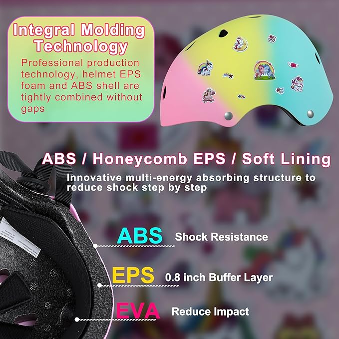 Kids Bike Helmet with DIY Stickers and Knee Pads Elbow Pads Wrist Guard Set for Ages 3-8-14 Toddler Boys Girls Helmet for Roller Skates Cycling Skateboarding Bicycle Scooter