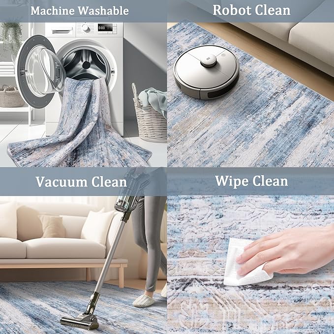 9x12 Area Rug Living Room Rugs - Washable Rug Large Modern Abstract Soft Thin Carpets Indoor Floor No Slip Vintage Carpet for Bedroom Under Dining Table Nursery Home Office Decor Blue