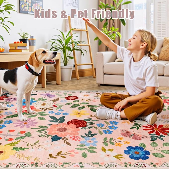 10x14 Area Rugs for Living Room: Floral Washable Rug Vintage Large Soft Boho Non-Slip Carpet Stain Resistant Low Pile Carpets for Bedroom Dining Room Farmhouse Nursery Hallway Home Office Beige