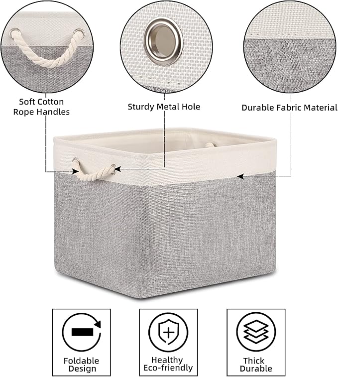 Bidtakay Storage Baskets for Organizing Large Storage Bins for Shelves 2 Pack 16x12 in Fabric Baskets for Blanket Nursery Toy Storage Collapsible Organizer Bins Closet Organizers Storage-Grey&White