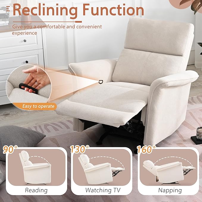 Manual Rocker Recliner Chair with Glider Motion for Nursery, 160° Recline & Wide Armrests - Overstuffed Snowflake Fleece Nursery Chair for Small Spaces, Living Room, Bedroom