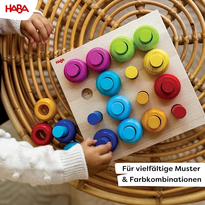 HABA Rainbow Whirls Wooden Sorting & Stacking Rings Shape Sorter, Educational Toys for 2 Year Old & Up, Color Sorting Fine Motor Toys, Made in Germany