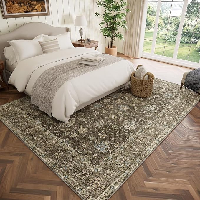 Washable 5x7 Area Rugs for Living Room, Boho Non-Slip Silicone Backing Rugs for Bedroom Dining Room Nursery Office, 0.3" Neutral Oriental Throw Carpet with 0.16" Cushioning Pad, Flaxen/Multi