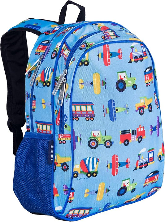 Wildkin 15-inch Kids Backpack – Durable, Padded, Adjustable for School & Travel - Trains, Planes, and Trucks