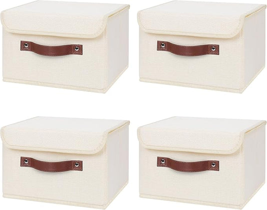 ANMINY 4PCS Storage Bins with Lid PU Leather Handles Storage Boxes PP Plastic Board Decorative Foldable Lidded Cotton Linen Fabric Home Cubes Baskets Closet Organizer Containers - Beige, Small Size