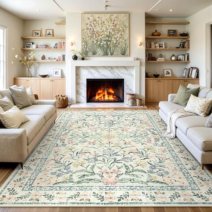 Wonnitar Large Living Room Rug, Floral 10 x 14 Machine Washable Area Rugs, Soft Boho Ultra-Thin Non-Shedding Indoor Aesthetic Carpet for Bedroom Dining Room Office