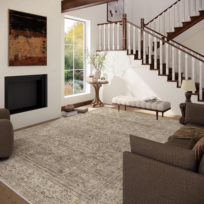 Machine Washable Rugs for Living Room: 5x7 Area Rugs for Bedroom Vintage Stain Resistant Non Slip Low Pile Lightweight Boho Carpet for Kitchen Dining Room Farmhouse Kids Room Nursery