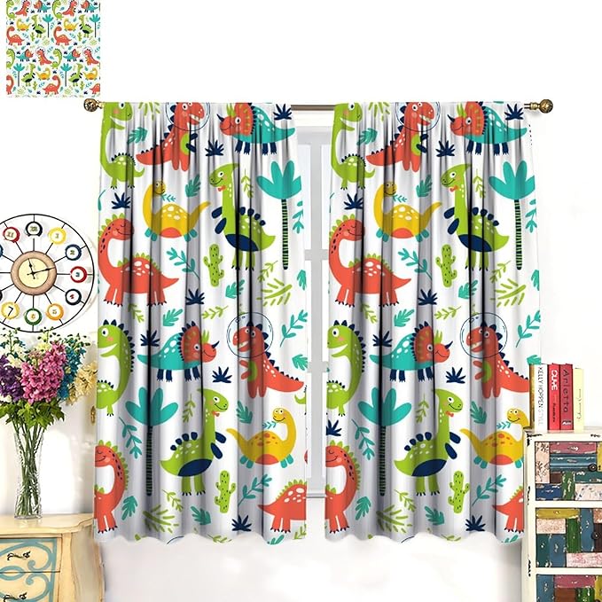 Rustic Dinosaurs Curtains Colorful Dino Kids Boys Cartoon Cute Cool Funny Decor Printed Blackout Rod Pocket Window Drapes for Living Room Bedroom W21xL45in 2 Panels