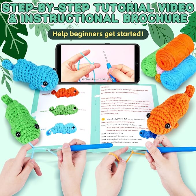 Crochet Kit for Beginners - 3 PCS Baby Chameleon Crochet Kits with Step-by-Step Video Tutorials, Beginner Crochet Kit for Adults Kids, Chameleon Crocheting Set (Orange&Blue&Green)
