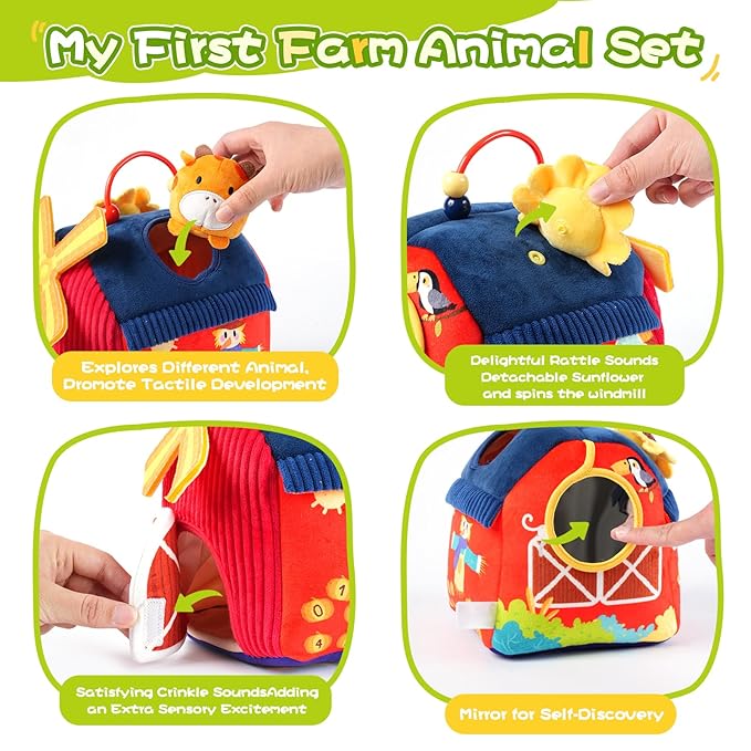 Baby Toys 6-12 Months, Montessori Sensory Toys, My First Farm House Toy with 6 Stuffed Animals,Rotating Windmill & Sunflower Crinkle, Rattle, Fun Mirror Fine Motor Skills Development,Baby Gift