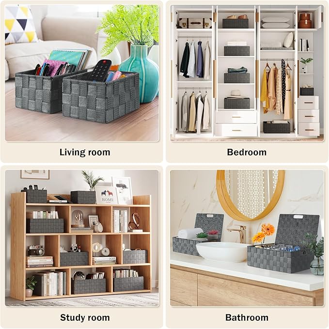Storage Bins with Lids, Woven Storage Box Organizer Containers Decorative Baskets Cube for Clothes Bedroom Closet Office (5 Pack, Grey)