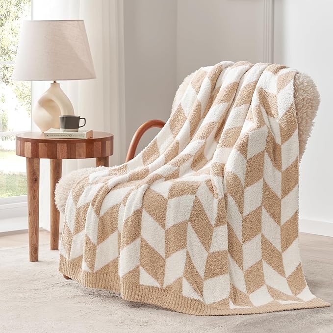Snuggle Sac Beige Twin Size Blankets for Bed, Super Soft Warm Blankets Oversized Cozy Knit Fuzzy Blanket for Living Room, Chevron Beige,60x80 inches