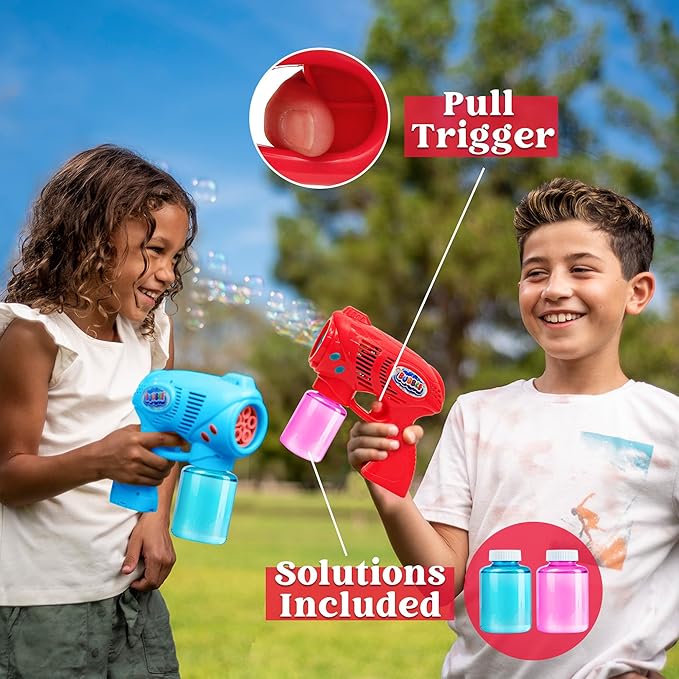 JOYIN 2 Bubble Guns with 2 Refill Solution (10 oz Total), Bubbles Maker, Blower, Machine Gun Blaster for Kids, Toddlers, Outdoors Activity, Party, Birthday Gift, Easter Toys (Blue+Red)