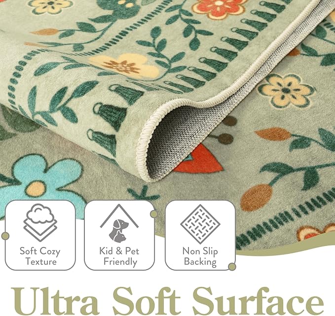 Moynesa Area Rugs 9x12 Living Room Washable, Ultra Thin Soft Boho Bird Bedroom Rug Easy Clean, Low Pile Indoor Multi Color Large Sage Green Carpet for Dining Room Kid Playroom Nursery