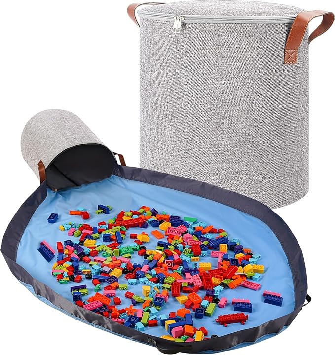 SAM AND MABEL XXL Toy Storage Organizer with Play Mat – 15" x 15" x 16" Storage Bin for Kids Playroom, Foldable Fabric Bag and Basket for Nursery (Gray)