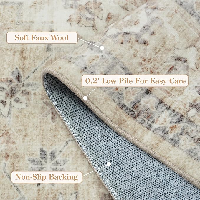 LIVEBOX Washable Area Rug 10x14 Rugs for Living Room Bedroom, Non-Slip Boho Neutral Carpet for Dining Room Office, Low-Pile Farmhouse Soft Carpets for Kids Nursery Room Playroom, Tan