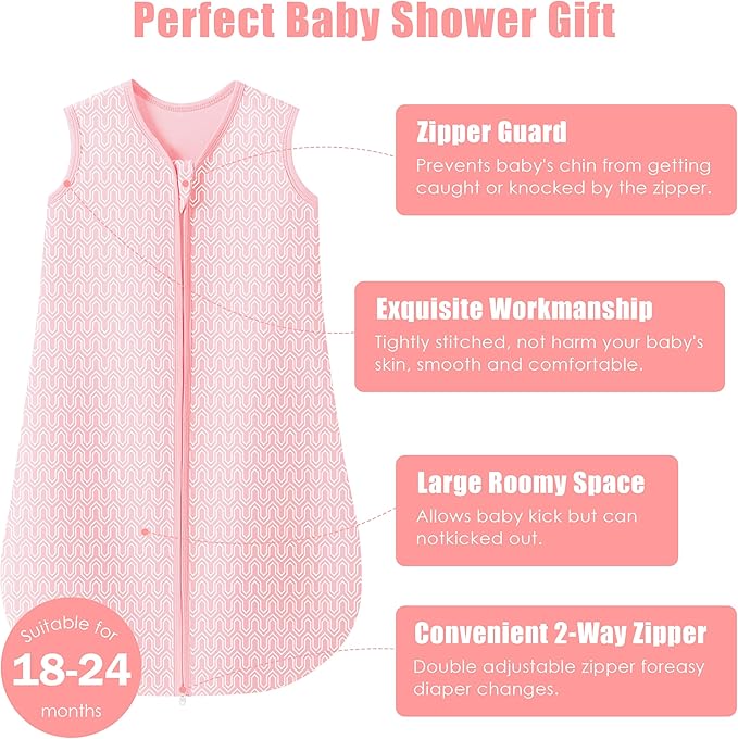 SWEET DOLPHIN Baby Sleep Sack 18-24 Months - 100% Cotton 2-Way Zipper TOG 0.5 Infant Wearable Blanket, Newborn Essentials Toddler 3 Pack Sleeping Sacks - Pink