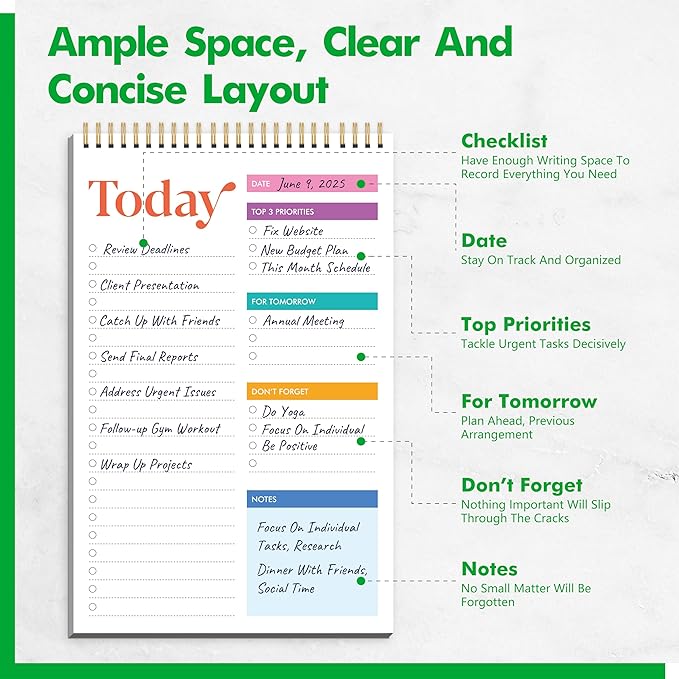 To Do List Notepad, Daily Planner Notebook with 52 Tear-off Sheets, Undated Writing Organizer for Daily Tasks and Goal, Coiled Task Track Checklist Productivity Pad for Office, Classroom, Home, School