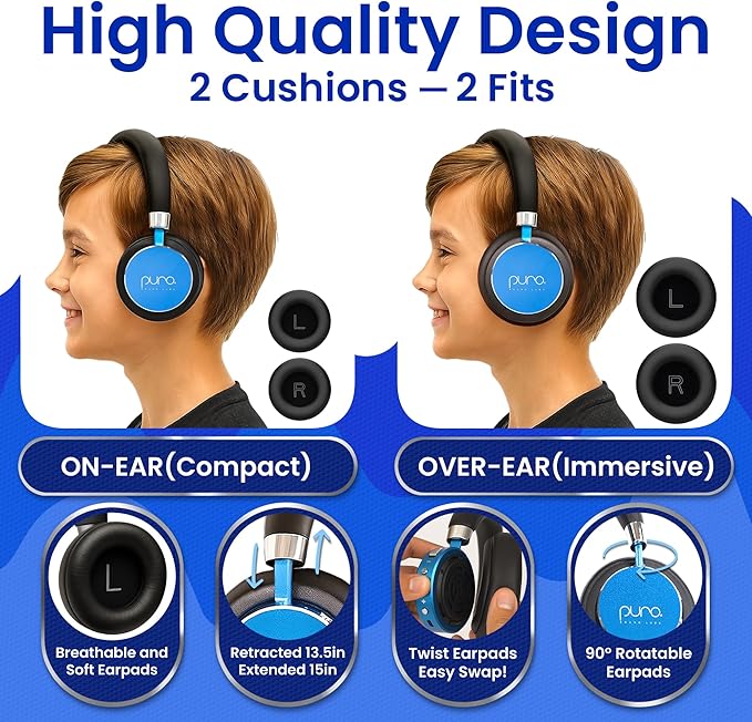 Puro Sound Labs BT2200 Plus Kids Bluetooth Headphones – Volume-Limiting 85dB, Studio-Grade Audio, Over-Ear & Comfy Design, 20-Hour Battery Life, Easy to Connect Wireless Headphones for Kids, Blue