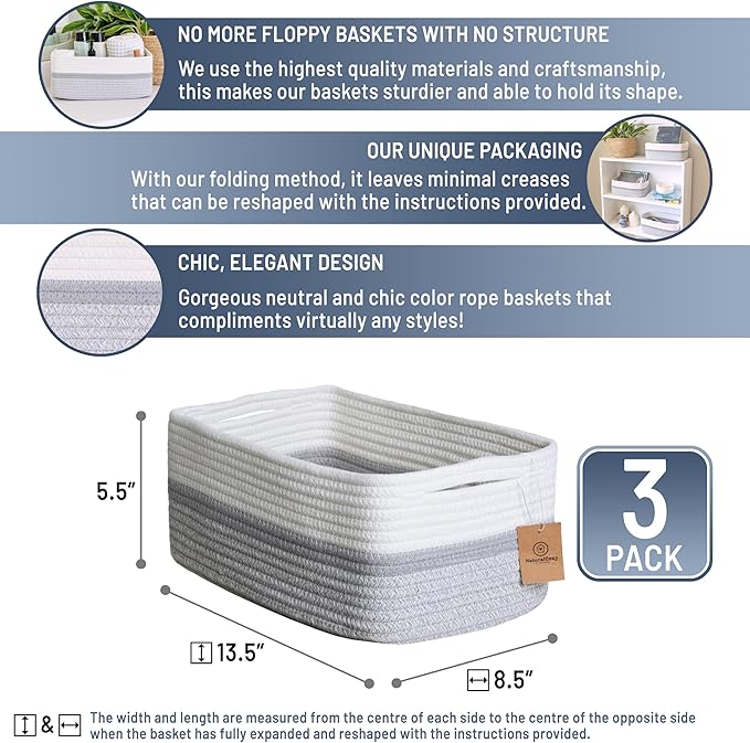 NaturalCozy 13.5”x8.5”x5.5” Storage Baskets for Shelves 3 Pack | Cotton Rope Woven Small Baskets for Organizing | Small Storage Bins for Nursery, Bathroom, Closet, Cube Shelf, Decorative, Gift