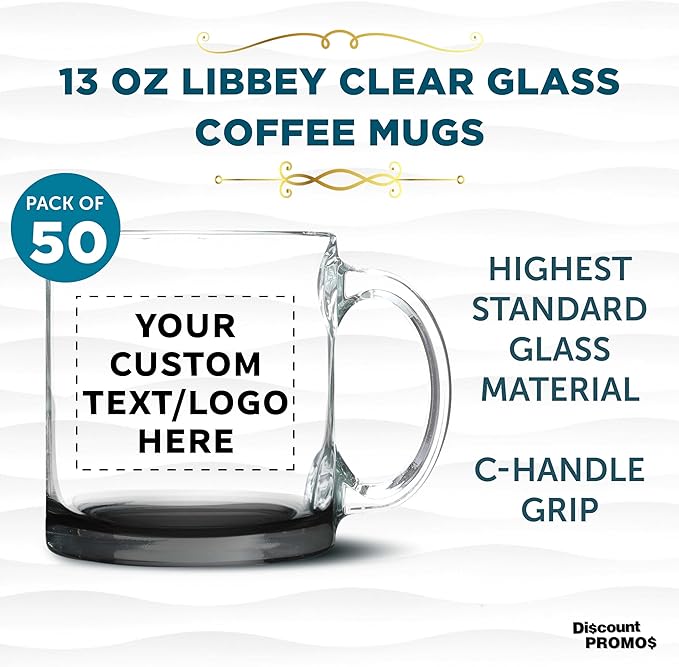 Custom Libbey Clear Glass Coffee Mugs 13 oz. Set of 50, Personalized Bulk Pack - Perfect for Coffee, Tea, Espresso, Hot Cocoa, Other Beverages - Black Bottom