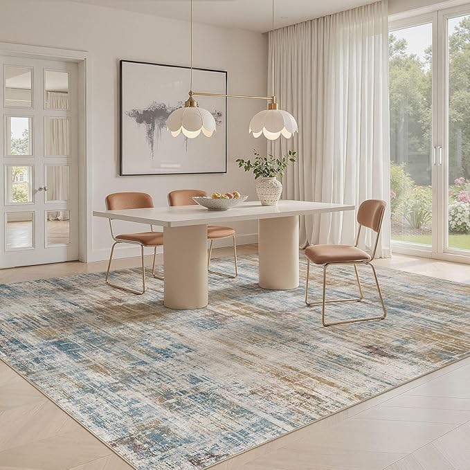 Area Rug for Living Room: 4x6 Washable Neutral Abstract Modern Soft Rugs Non Slip Indoor Floor Stain Resistant Carpet for Bedroom Dining Room Office Nursery - Blue Brown