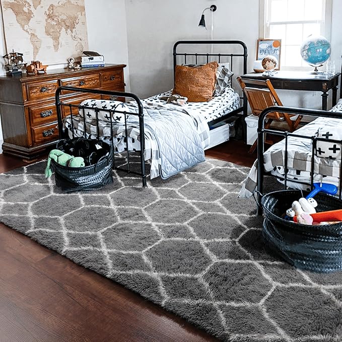 ONASAR Area Rugs for Bedroom Living Room, Washable 4x6 Fluffy Grey and White Floor Rug, Shaggy Geometric Soft Plush Fuzzy Carpet for Nursery Teen Playroom Dorm Office Home Decor Aesthetic