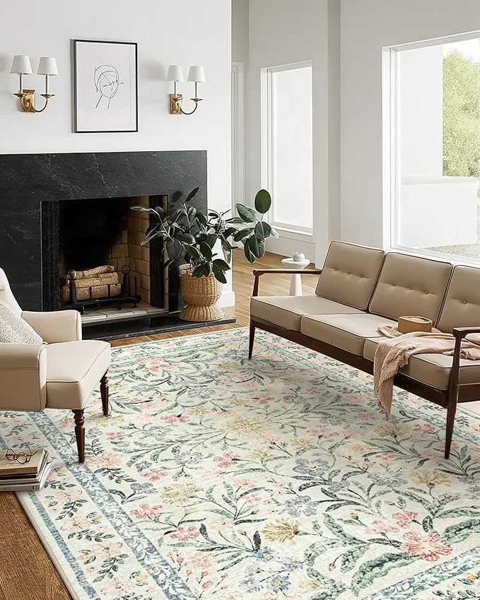 Wonnitar Washable Area Rugs 5x7, Soft Floral Bedroom Area Rug, Washable Carpet 5x7 Non Slip, Boho Flower Print Beige Carpets for Living Room Bedside Dining Room