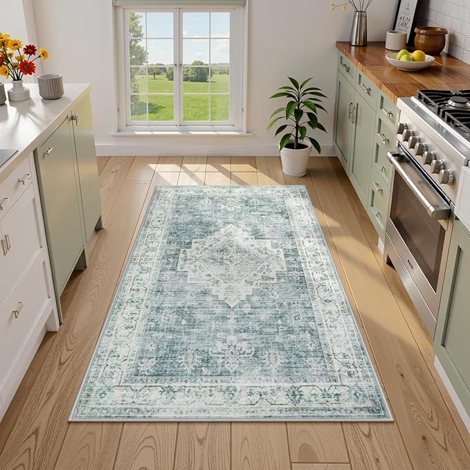 LIVEBOX Entryway Rug 3x5 Washable Area Rugs for Kitchen Bathroom, Non-Slip Front Door Mat for Bedroom, Boho Low-Pile Carpet Farmhouse Throw Indoor Mats for Bath Laundry Room, Blue