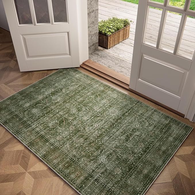 Washable 3x5 Entryway Rug Indoor, Boho Non-Slip Silicone Backing Small Rugs for Kitchen Nursery Office Bedroom, 0.3" Neutral Oriental Throw Carpet with 0.16" Cushioning Pad, Grass Green/Multi