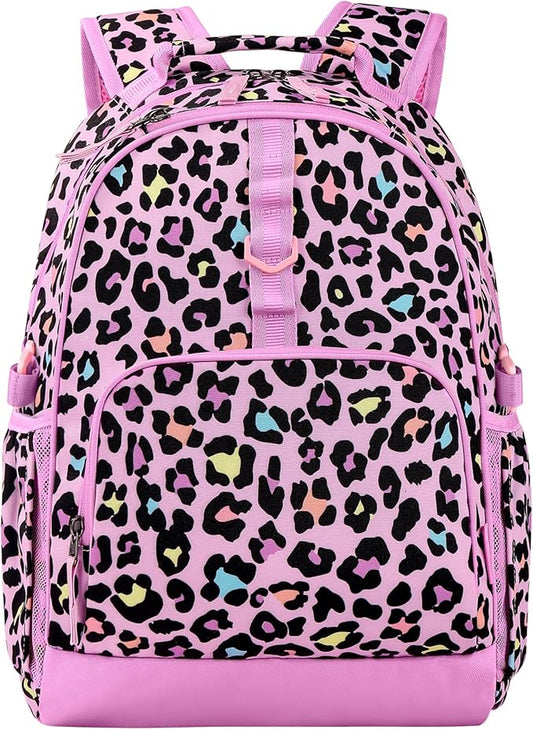 Choco Mocha Cheetah Backpack for Girls, Elementary School Backpack for Girls Ages 6-8 Kids Kindergarten Backpack Large Bookbag 18 Inch with Chest Strap, Pink