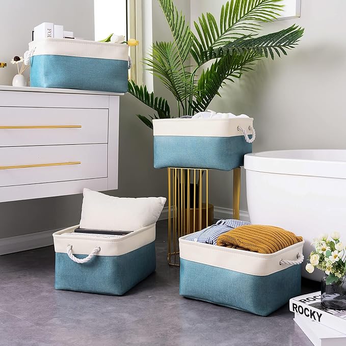 TheWarmHome Fabric Storage Bin with Handles,Storage Basket for Home Storage and Organization, Shelf Basket with Cover for Living Room Bedroom Closet（White & Green Large,15.7L*11.8W*8.3H