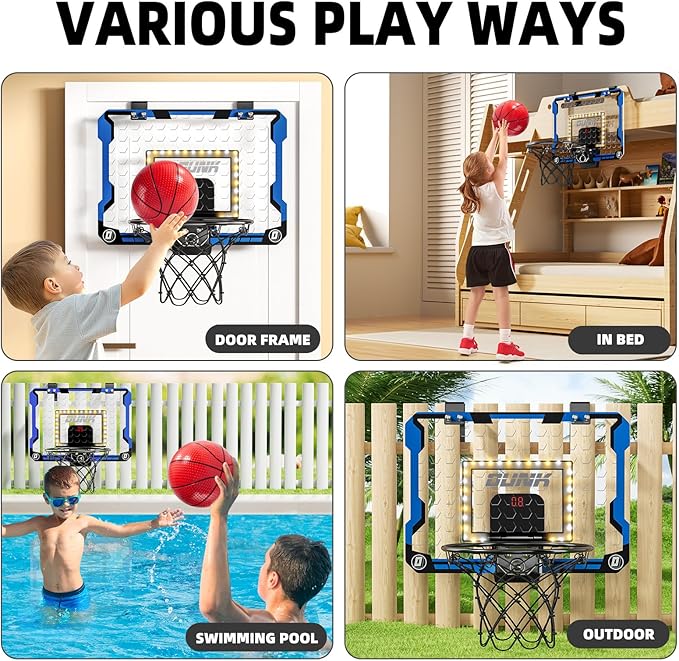 Indoor Basketball Hoop for Kids, Over The Door Mini Basketball Hoops, LED Light Mini Hoop with Scoreboard & 4 Balls, Kids Basketball Hoop Sport Toys Gifts for 5 6 7 8 9 10 11 12+Year Old Boys