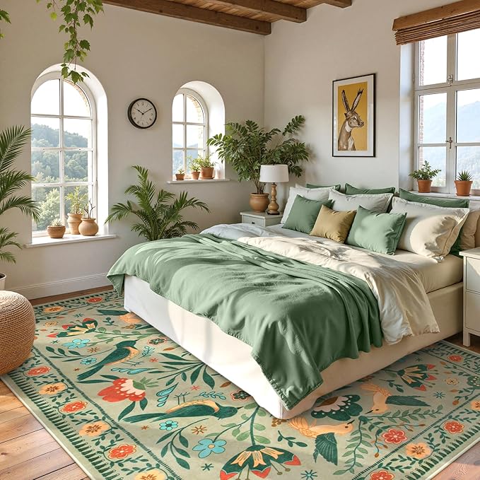 Moynesa Washable 8x10 Area Rugs for Living Room, Ultra Thin Soft Boho Bedroom Rug Stain Resistance, Low Pile Indoor Bird Pattern Sage Green Large Carpet for Nursery Dining Room Under Table