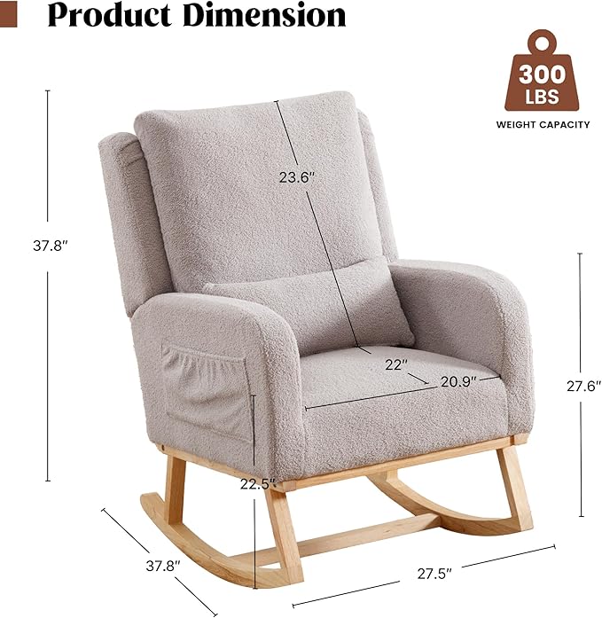 Rocking Chair Nursery, Sherpa Nursing Rocking Chairs, Upholstered Nursery Glider Rocker for Mom Nursery Morden Accent Rocking Chair Pillow for Living Room,Bedroom,Teddy Light Grey