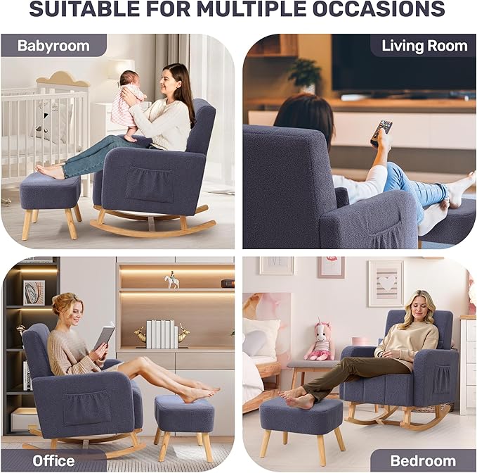 Rocking Chair with Ottoman, Upholstered Glider Rocker with High Backrest and Side Pocket, Comfy Reading Chair with Solid Wood Legs for Nursery, Living Room,Bedroom Dark Grey