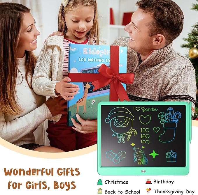 LCD Writing Tablet for Kids, 15 Inch Large Screen Doodle Board Drawing Writing Tablet Board, Educational Toddler Toys Birthday Gift School Office Notes for 3-12+ Year Old Girls Boys, Green