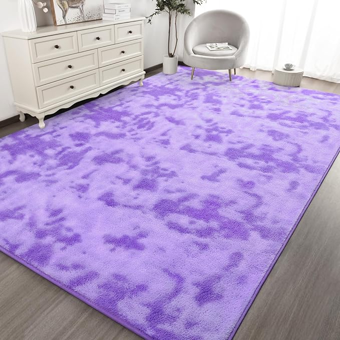 Kimicole 6x9 Washable Area Rugs for Living Room Bedroom, Large Low Pile Ulta-Thin Solid Color Rug, Non-Slip Soft Fluffy Carpet for Nursery Kids Room Dorm Room Home Decor (Purple)