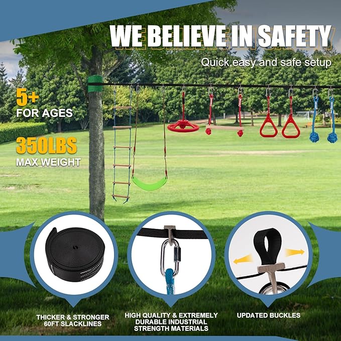 Slsy 60FT Ninja Warrior Obstacle Course with 10 Obstacles, Ninja Slackline Kit for Kids, Durable Playset Equipment for Boys & Girls with Monkey Bar, Swing, Climbing Ladder & Net