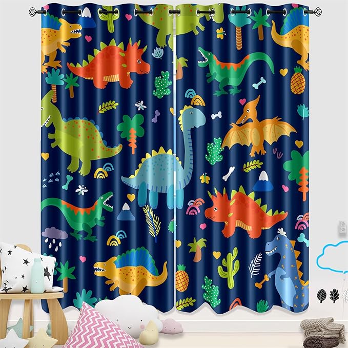 Cartoon Dinosaur Blackout Curtain Panels Curtains Blue Curtains for Boys Bedroom Grommet Top Window Treatment 2 Panels Drapes Kids Room Decor Navy Blue Curtains 84 Inch Length, 82" x 84"