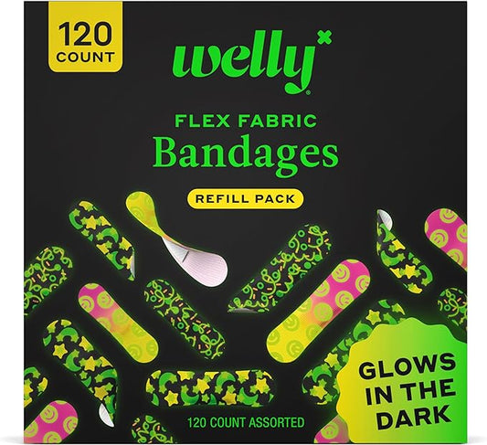 Welly Bandage Glow-in-The-Dark Refill Pack | Adhesive Flexible Fabric Bandages | Assorted Shapes and Patterns for Minor Cuts, Scrapes, and Wounds - 120 Count