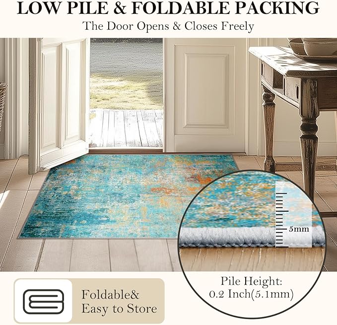Washable Area Rugs 5'x7' Non-Slip Modern Abstract Soft for Living Room Entryway Bedroom Nursery, Print Pattern, Teal Blue Green Orange Rust Red Colorful