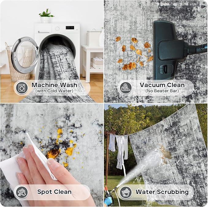 Runner Rug for Hallways Kitchen 2'6"x8' Washable, Non Slip Carpet 8ft Area Rugs Entryway Rubber Backed 8 Feet Neutral Abstract Modern Low Pile Indoor Black Grey