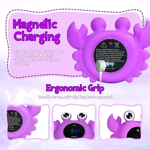 TKY Baby Bath Thermometer with Floating Toys & Room Temperature Monitor - Rechargeable Digital Thermometer with Temperature Alerts, Bath Essentials for Newborns, Infants Crab (Purple)