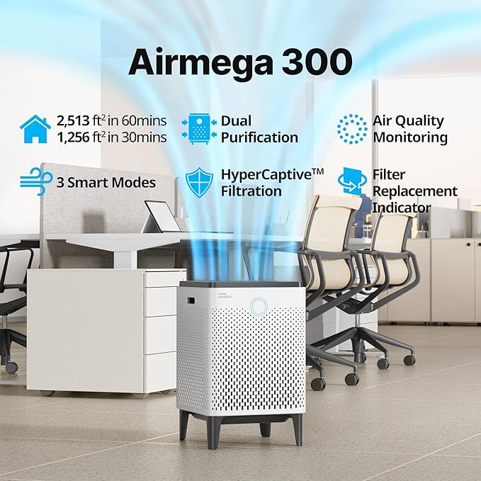 Coway Airmega 300 Smart Air Purifier with 1,256 sq. ft. Coverage, White, Model:AP-1515H
