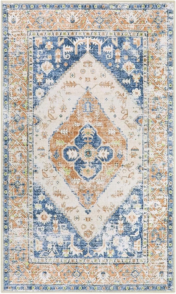 Lahome Boho Washable Living Room Rug 3x5 Throw Non-Slip Area Rug for Bedroom Lightweight Thin Rugs for Entryway Kitchen Vintage Distressed Print Aesthetic Capet for Office Bathroom Laundry Room